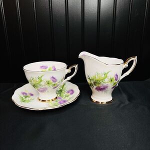 Royal Standard Scots Emblem Purple Thistle Saucer Cup Creamer Set England
